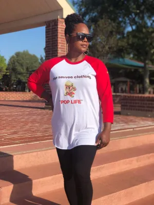 Vintage Style Multi-Color 3/4 Sleeve Raglan Baseball Shirt w/ Cartoon Skater & “Pop Life” Graphic Design